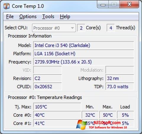 Снимка на екрана Core Temp за Windows 10