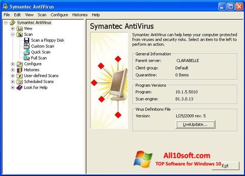 Снимка на екрана Symantec Antivirus за Windows 10