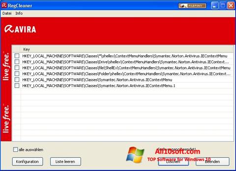 Снимка на екрана Avira Registry Cleaner за Windows 10