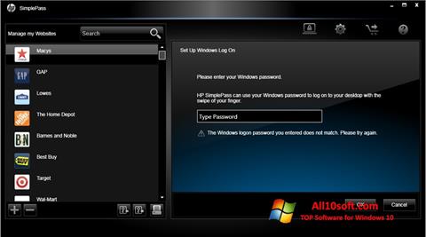 Снимка на екрана HP SimplePass за Windows 10